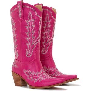 ⚡Women Hot Pink Faux Leather Wood Grain Embroidered Chunky Heel  Cowgirl Boots